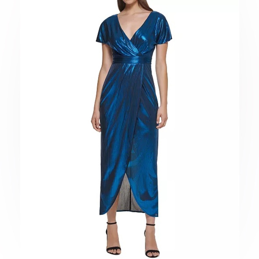 Guess Metallic Blue Wrap Midi Dress